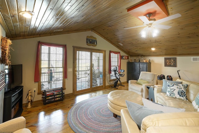 living room with ceiling fan, hardwood / wood-style flooring, vaulted ceiling, and wooden ceiling