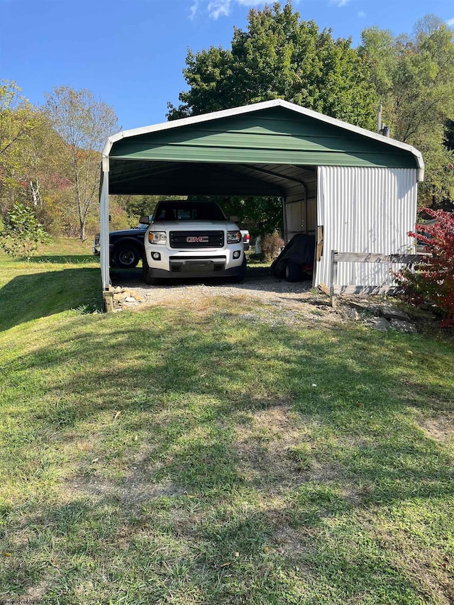 view of parking / parking lot with a lawn and a carport