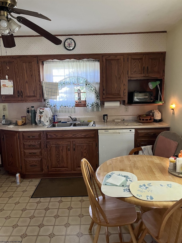 605 Warrior Fork Rd, Mannington, WV 26582 - kitchen with white dishwasher, light floors, ceiling fan, a sink, and light countertops
