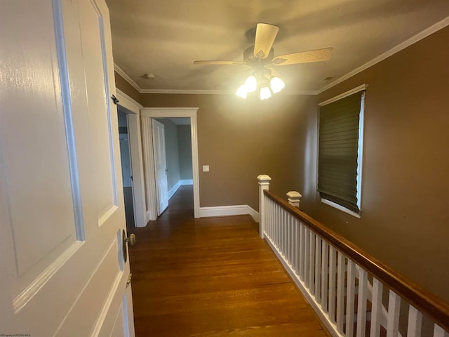 corridor featuring ornamental molding and dark hardwood / wood-style floors