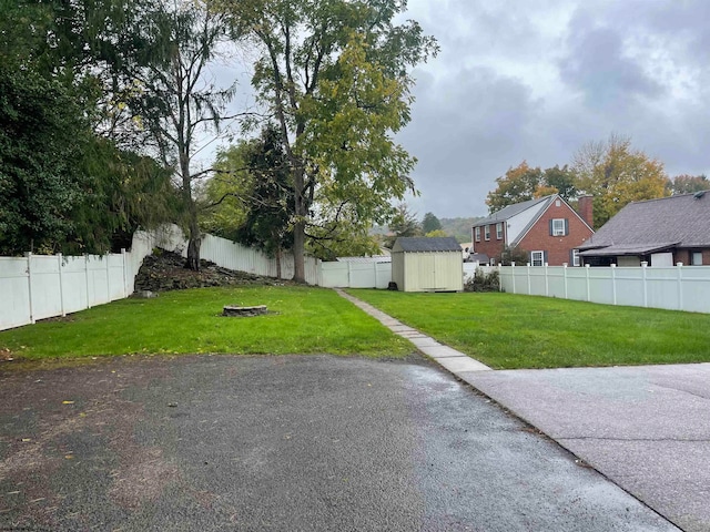 view of yard featuring a storage unit and a fire pit