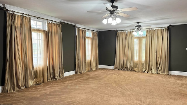 empty room with crown molding, carpet flooring, and ceiling fan