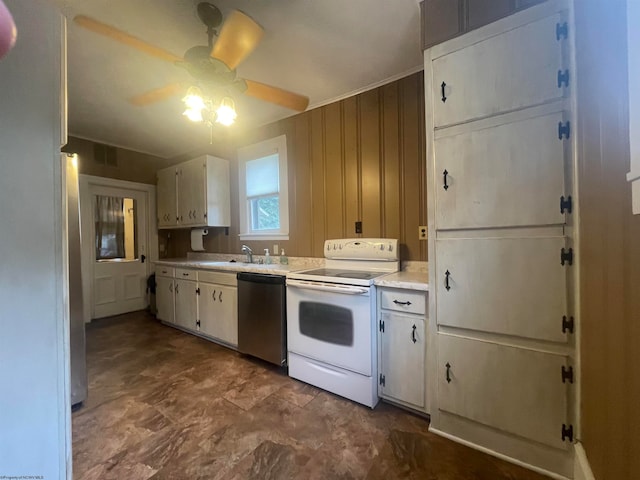 kitchen with dishwasher, sink, white range with electric stovetop, white cabinets, and ceiling fan