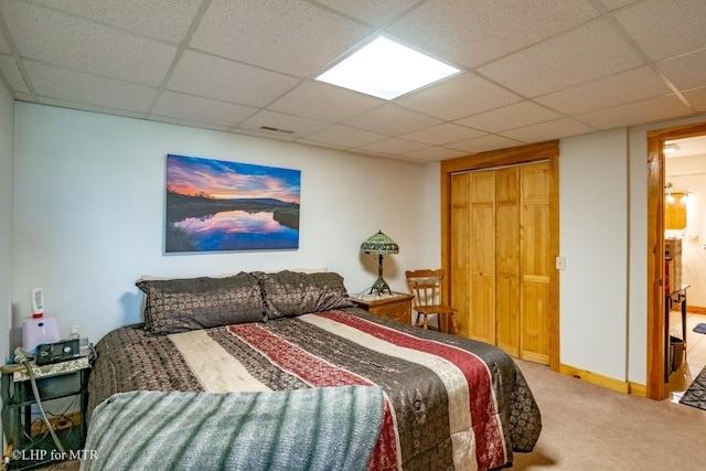 bedroom featuring a paneled ceiling, a closet, and carpet flooring