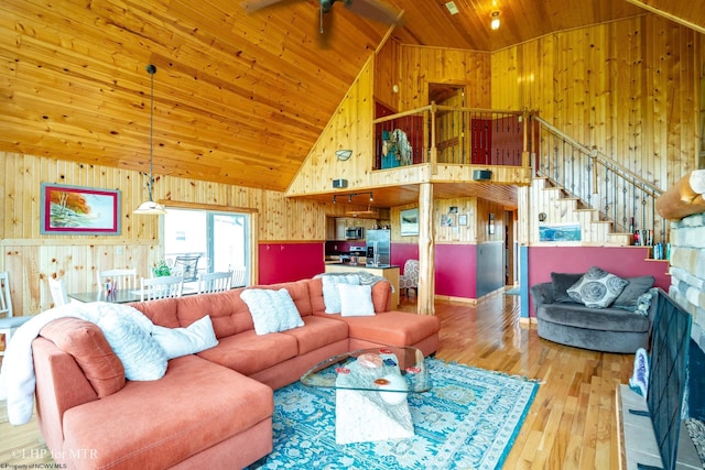 living room featuring wood walls, wooden ceiling, high vaulted ceiling, and hardwood / wood-style flooring