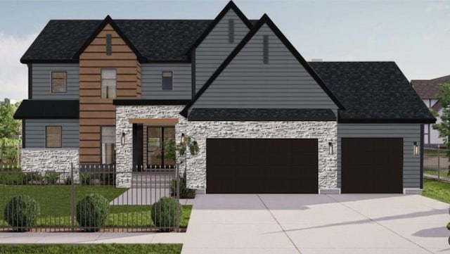 view of front of property with stone siding, driveway, and a front yard