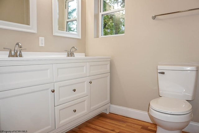 bathroom with vanity, toilet, and wood-type flooring