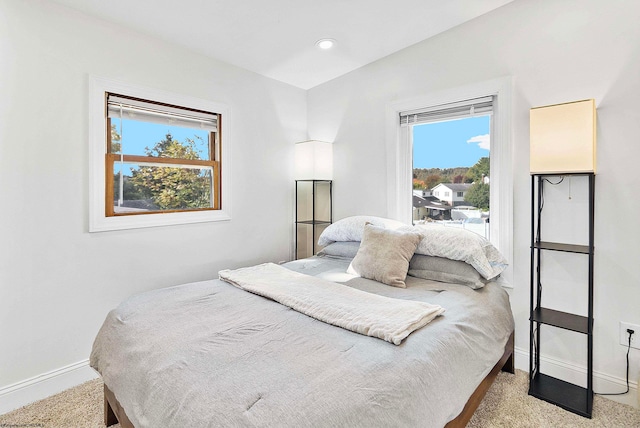 bedroom with light carpet