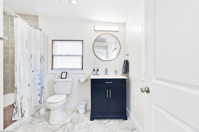 full bathroom with toilet, vanity, and shower / bathtub combination with curtain