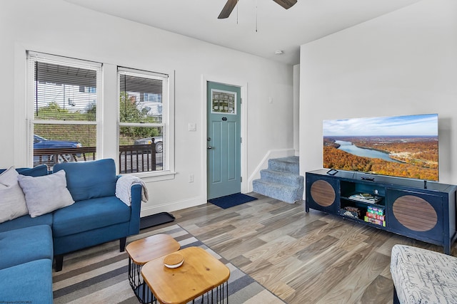 living room featuring ceiling fan and hardwood / wood-style floors