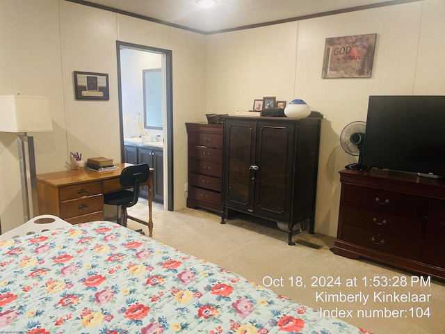 carpeted bedroom with ornamental molding and ensuite bath