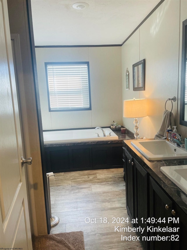 bathroom with a washtub, vanity, and hardwood / wood-style flooring