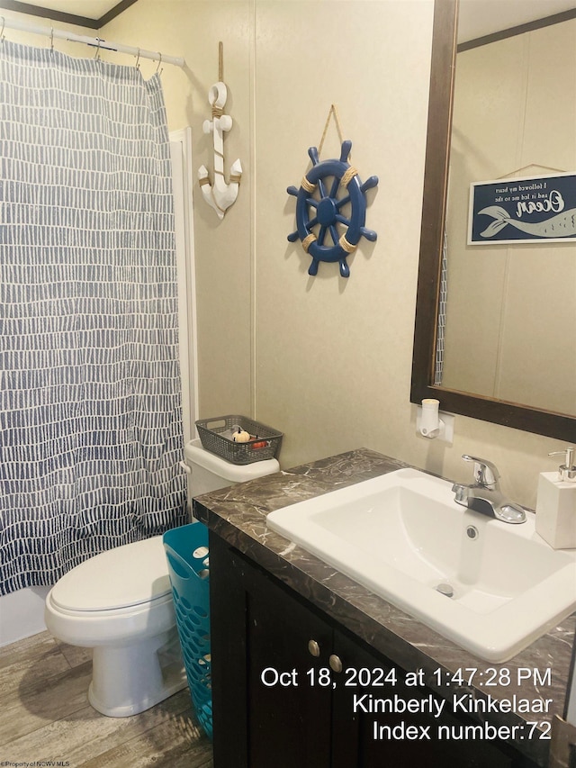 bathroom featuring a shower with curtain, vanity, wood-type flooring, and toilet