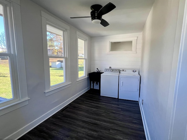 428 James St, Bridgeport, WV 26330 - laundry room with laundry area, baseboards, a healthy amount of sunlight, dark wood-type flooring, and washer and clothes dryer