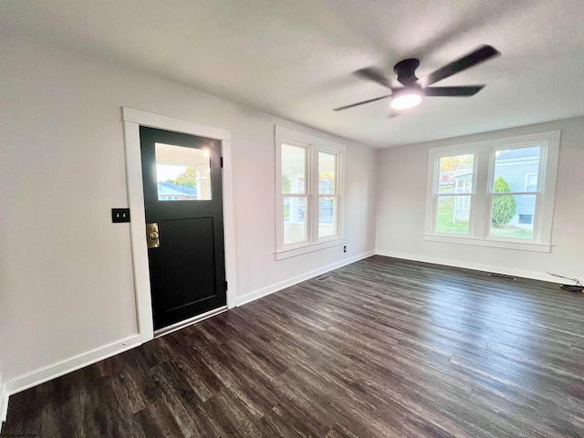 foyer entrance with dark hardwood / wood-style floors, ceiling fan, and a healthy amount of sunlight