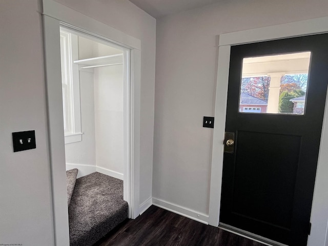 428 James St, Bridgeport, WV 26330 - doorway with baseboards, stairs, and dark wood-type flooring