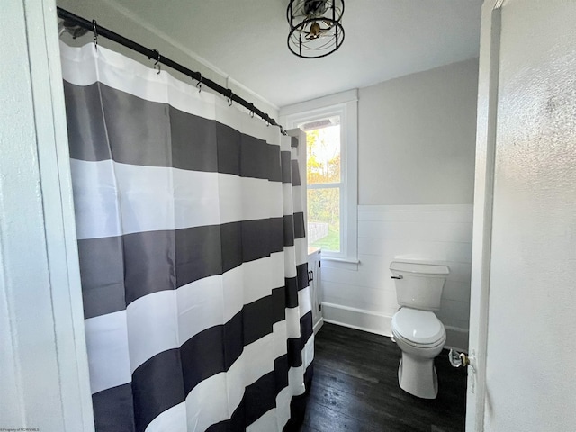 428 James St, Bridgeport, WV 26330 - bathroom with toilet, baseboards, curtained shower, and wood finished floors
