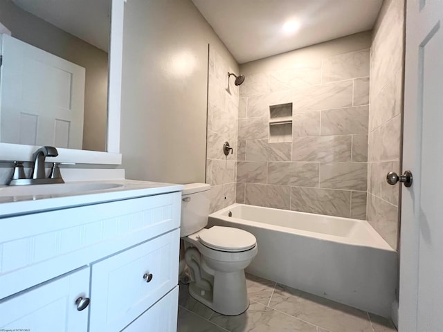 full bath featuring toilet, marble finish floor, shower / bath combination, and vanity