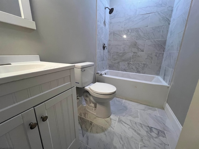 full bath with shower / bathtub combination, toilet, vanity, baseboards, and marble finish floor