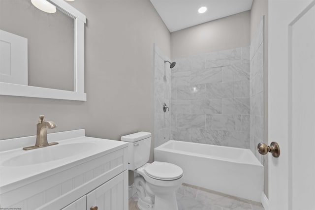 bathroom with toilet, marble finish floor, shower / tub combination, and vanity