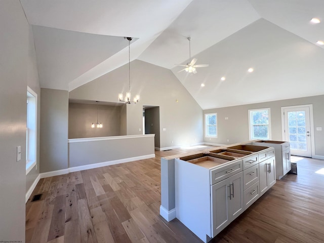 kitchen featuring a kitchen island with sink, visible vents, open floor plan, and wood finished floors