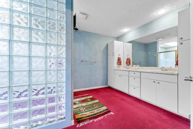 bathroom with vanity, a shower, and a textured ceiling