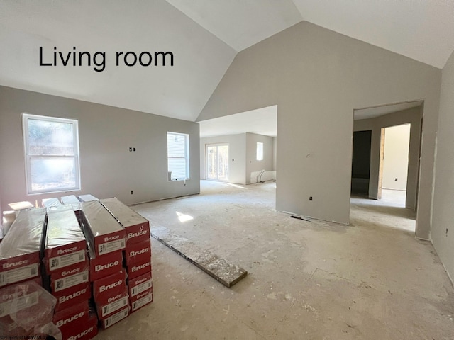 living room featuring high vaulted ceiling