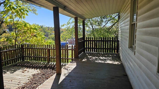 wooden terrace featuring fence