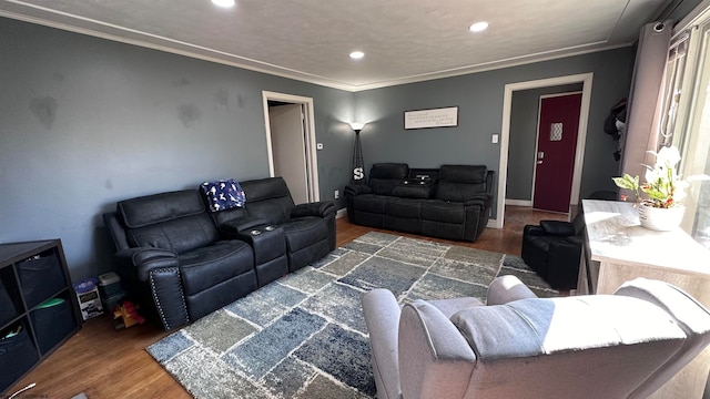 living room featuring crown molding and wood-type flooring