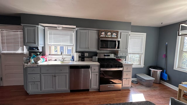 kitchen with gray cabinets, appliances with stainless steel finishes, and a healthy amount of sunlight