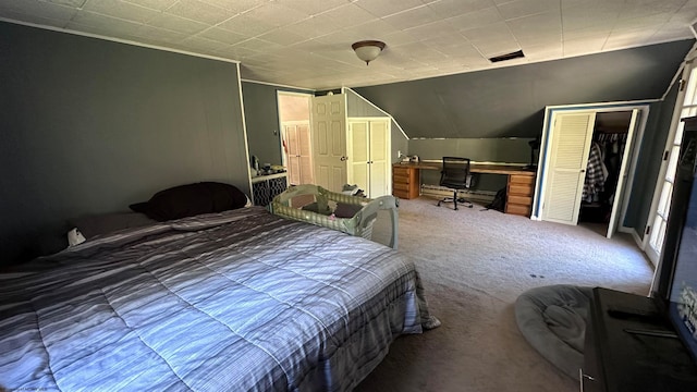 carpeted bedroom featuring a closet and vaulted ceiling