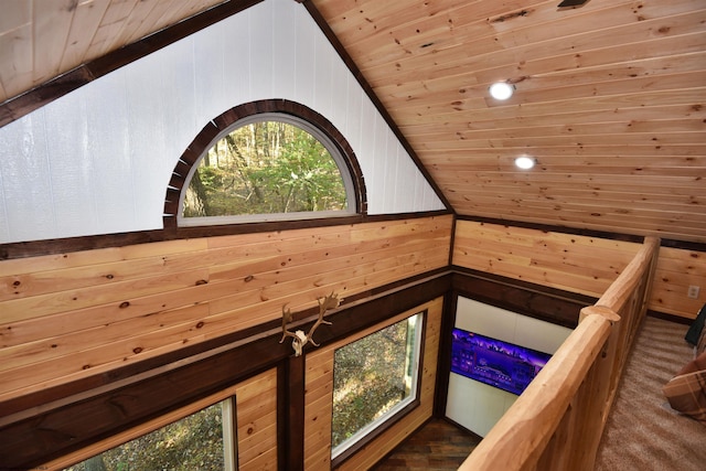 details featuring wooden walls and wooden ceiling