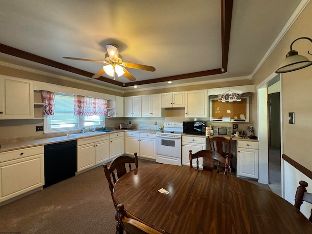 kitchen with sink, black appliances, crown molding, white cabinets, and ceiling fan