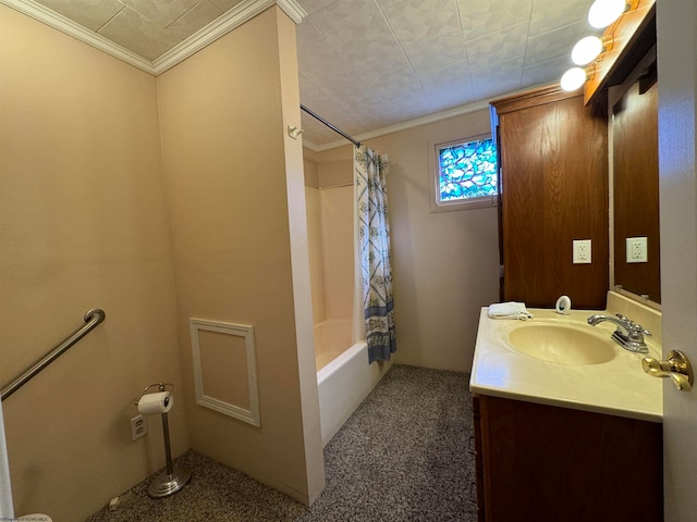 bathroom featuring vanity, crown molding, and shower / bathtub combination with curtain