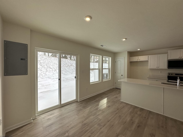 kitchen with light wood-type flooring, white cabinetry, stainless steel appliances, and electric panel