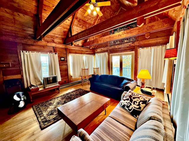 living room with wood walls, hardwood / wood-style floors, and a healthy amount of sunlight