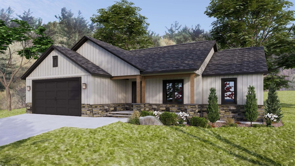 modern farmhouse with a front yard and a garage