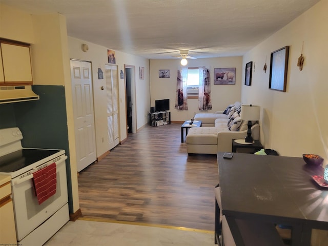 living room featuring wood-type flooring and ceiling fan