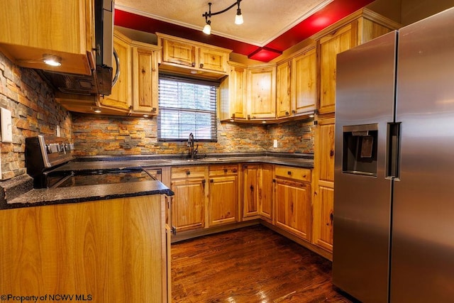 kitchen with tasteful backsplash, range, dark hardwood / wood-style flooring, ornamental molding, and stainless steel refrigerator with ice dispenser