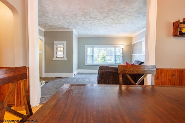 carpeted dining space featuring ornamental molding, a textured ceiling, and wooden walls