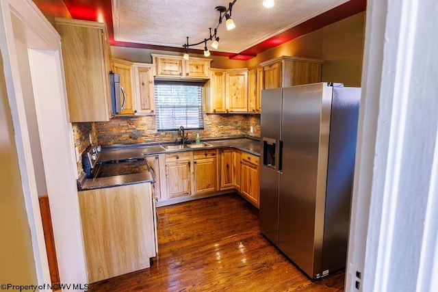 kitchen featuring decorative backsplash, sink, appliances with stainless steel finishes, a textured ceiling, and dark hardwood / wood-style flooring