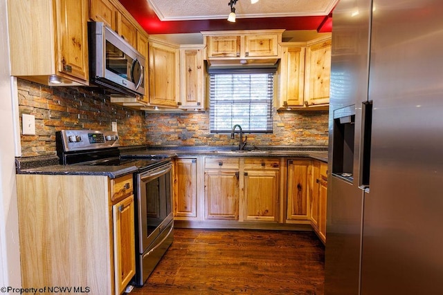 kitchen featuring dark wood-type flooring, backsplash, dark stone counters, sink, and appliances with stainless steel finishes