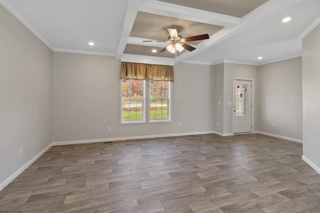 unfurnished room featuring beam ceiling, ceiling fan, recessed lighting, and baseboards