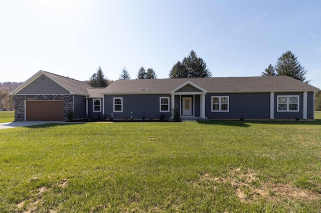 ranch-style home featuring a garage, a front lawn, and driveway