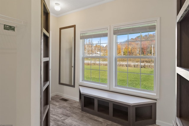 interior space featuring crown molding and wood-type flooring