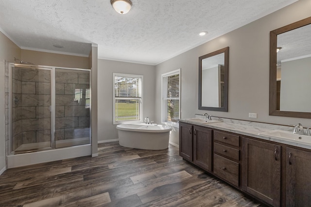 bathroom featuring vanity, hardwood / wood-style flooring, and plus walk in shower