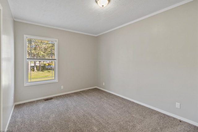 carpeted empty room featuring ornamental molding and a textured ceiling