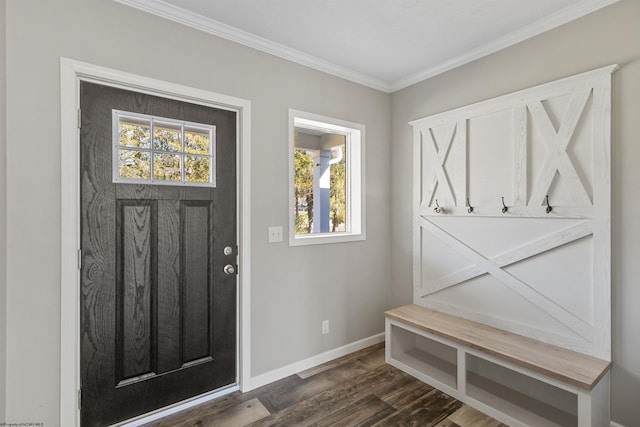 mudroom with dark wood-type flooring and crown molding