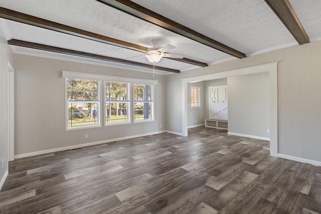 empty room featuring beamed ceiling, ceiling fan, a textured ceiling, and dark hardwood / wood-style flooring