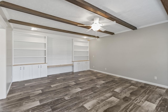 unfurnished bedroom featuring crown molding, dark hardwood / wood-style floors, beamed ceiling, and ceiling fan